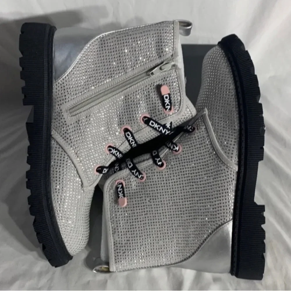 Dkny Shoes Toddler Girl Silver Black Rhinestone Combat Boots SZ 12 NEW